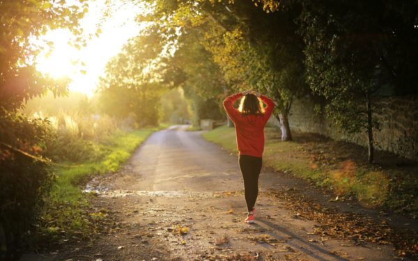 Junge Frau in sportlicher Kleidung läuft auf einem Waldweg der Sonne entgegen
